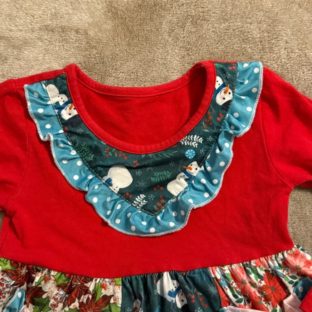 Kids Christmas Patchwork Tunic & Bell Bottom Pants Set Snowman Poinsettia 4T